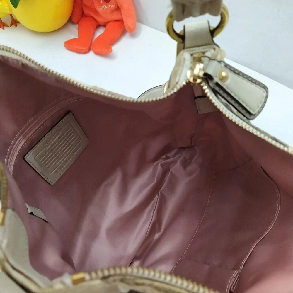 Coach Kristin Signature Siquin Canvas Leather Buckle Zipper Hobo Shoulder Bag